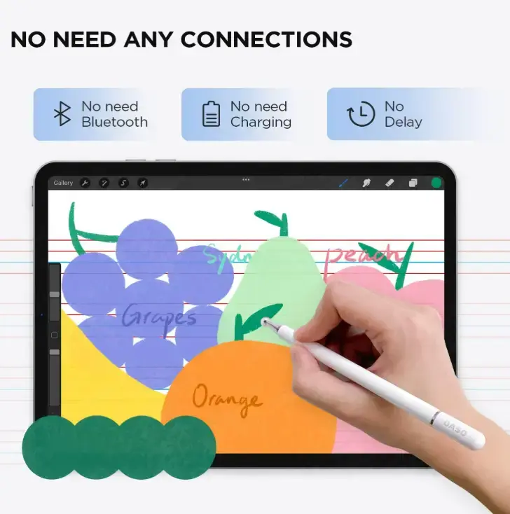 OASO passive disc-tip stylus used on a tablet without pairing or charging